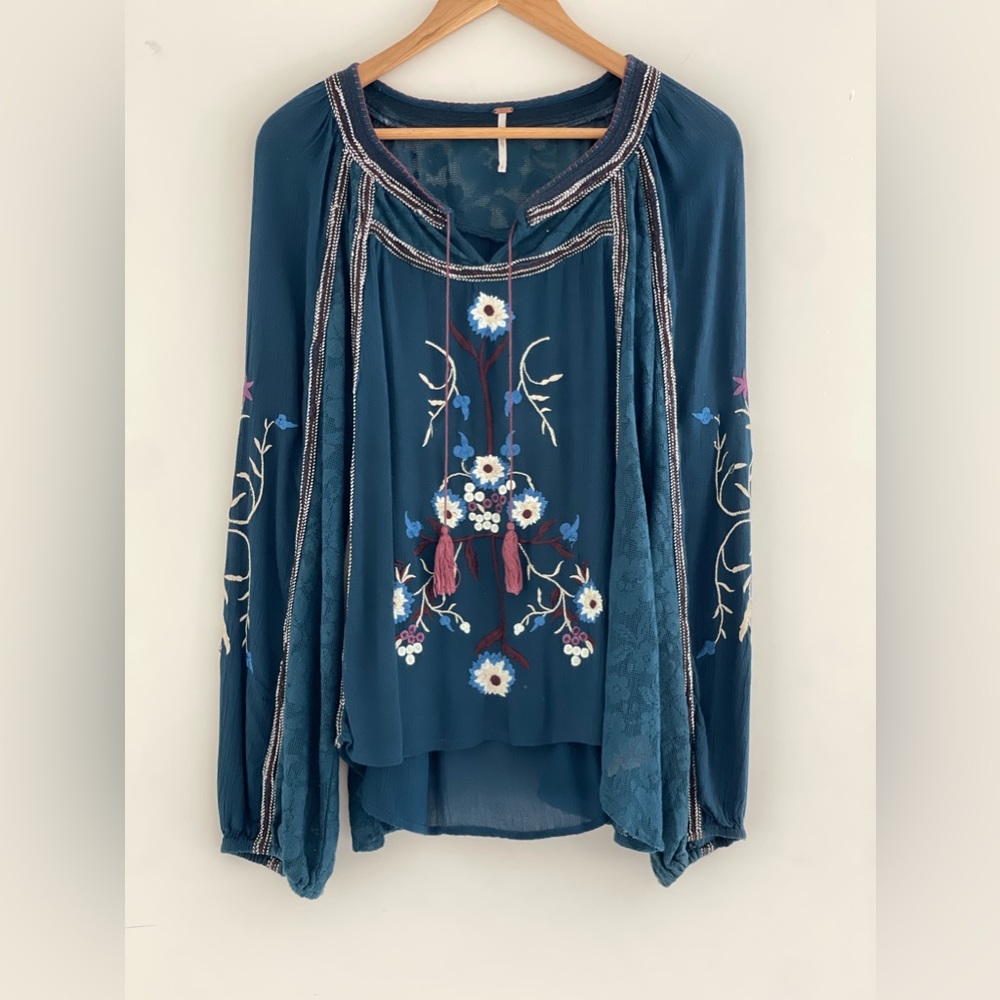 Free People Tiger Lily Peasant Blouse Small Teal Blue 🦚 - Picture 2 of 11